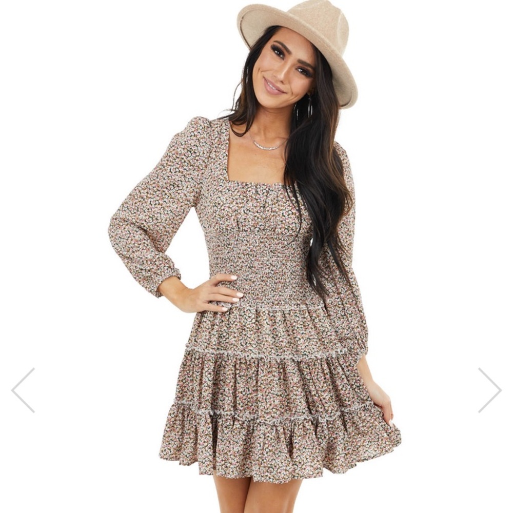 Pine Floral Ruffle Tiered Dress Smocked Waist